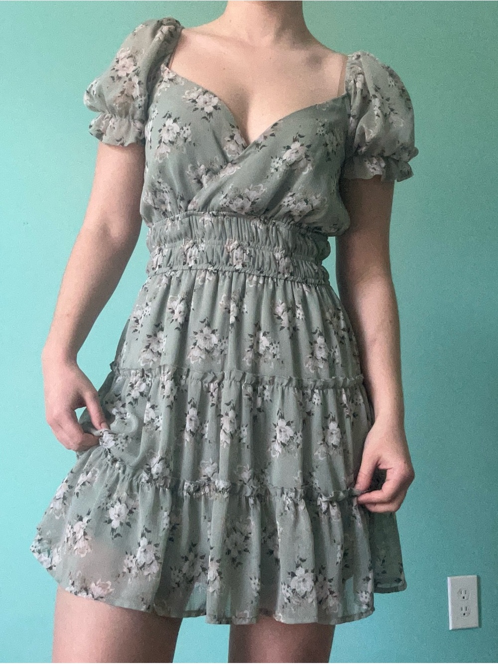 Altar'd State Sage Green Floral Puff Sleeve Mini Dress